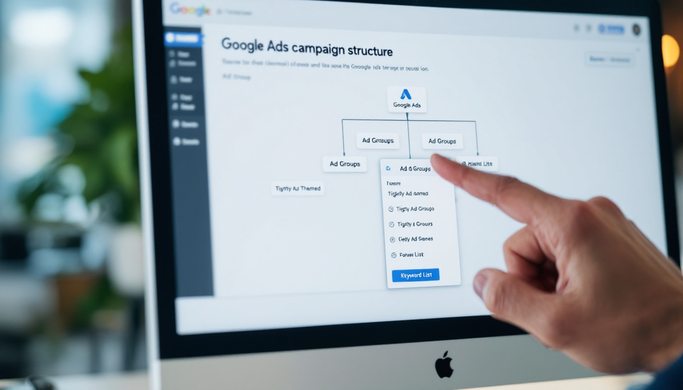 Google Ads campaign structure with themed ad groups shown on a monitor in an Auckland office