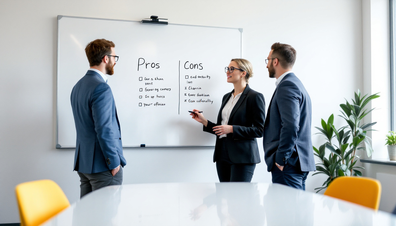Two colleagues weighing agency versus in-house options on a whiteboard pros and cons list