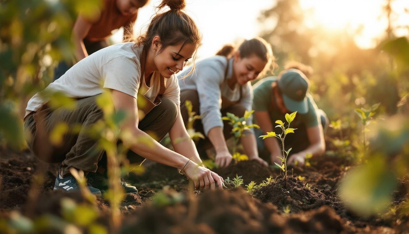 Volunteers from a New Zealand charity planting native trees together at a community garden