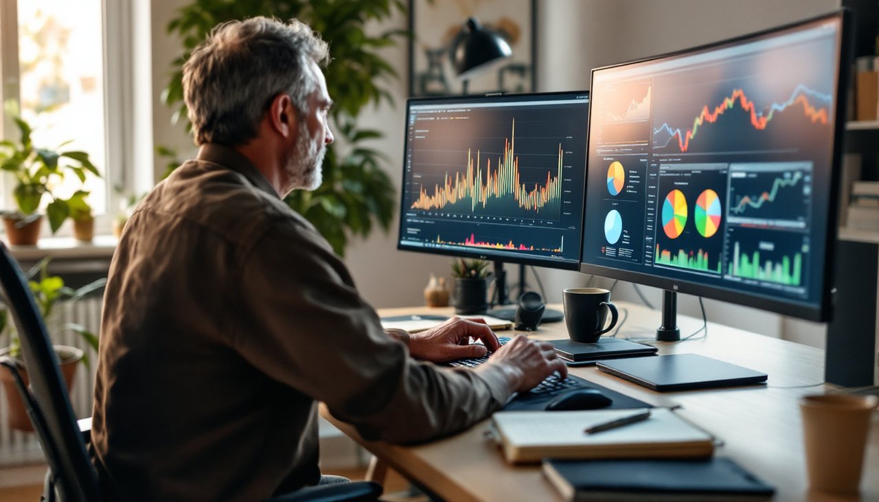 Independent SEO consultant reviewing website data on two monitors in a home studio