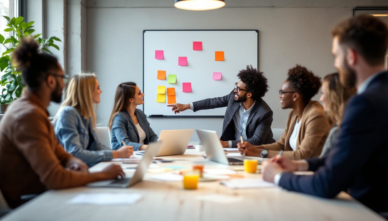 SEO agency team of five planning website work around a meeting table with sticky notes on a whiteboard