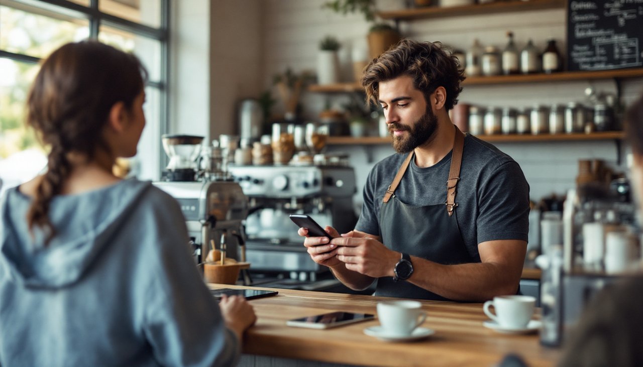 Auckland cafe owner checking local SEO results on a smartphone at the cafe counter