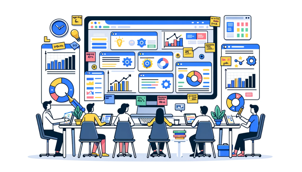DALL·E 2023 10 18 16.16.14 Illustration of a brainstorming session for Google Ads strategy. A table is covered with sticky notes charts and sketches and a large monitor displ