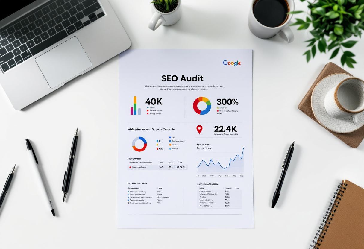 Professional SEO audit report with website performance charts and keyword analysis for New Zealand business