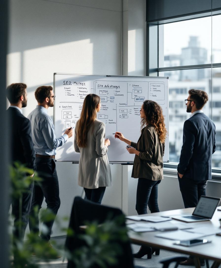 SEO team planning digital marketing strategy with keyword research and site architecture in Auckland office